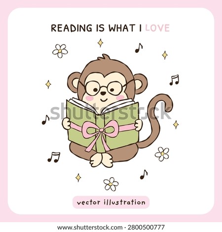Cute Hand Drawn Monkey Reading Book Illustration with Typography Text Quote