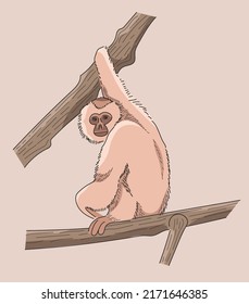 Un mono dibujado a mano, sentado en el árbol y mirando. Caricatura, estilo cómico. Colores suaves.