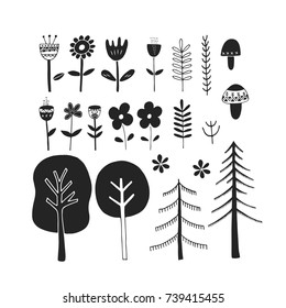 Cute hand drawn monochrome floral set. Unique vector botanical collection of flower, mushrooms, trees. Vector elements in scandinavian style.