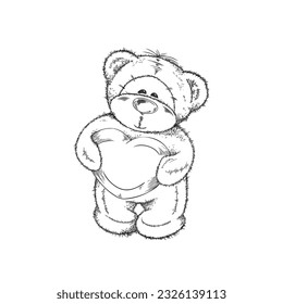 Cute hand drawn monochrome standing teddy bear holding big heart sketch style, vector illustration isolated on white background. Outlined decorative design element for postcards, nice toy