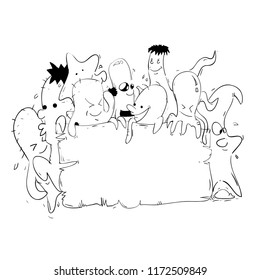 cute hand drawn monster doodle sketch illustration with blank space