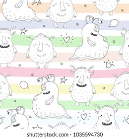 Cute hand drawn monsters cartoon style. vector pattern.