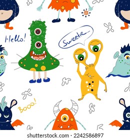 Cute hand drawn monsters. Seamless childish pattern. Creative kids texture. Perfect for wallpaper, apparel, fabric and textile.