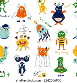 Cute hand drawn monsters. Seamless childish pattern. Creative kids texture. Perfect for wallpaper, apparel, fabric and textile.