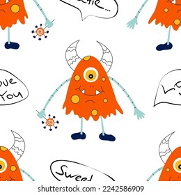 Cute hand drawn monsters. Seamless childish pattern. Creative kids texture. Perfect for wallpaper, apparel, fabric and textile.