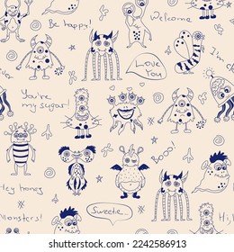 Cute hand drawn monsters. Seamless childish pattern. Creative kids texture. Perfect for wallpaper, apparel, fabric and textile.