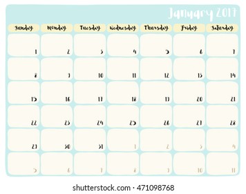 Cute hand drawn month page of 2017 planner calendar with hand written text