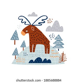 Cute hand drawn moose in the forest. Cartoon creative vector illustration in scandinavian style