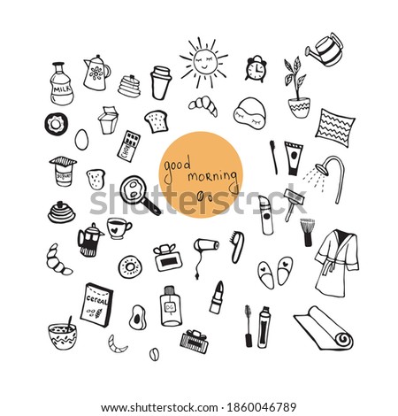 Cute hand drawn morning set. Doodle vector illustration.