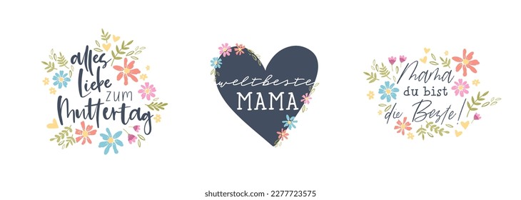 Diseño de Día de la Madre dibujado a mano con tierno manuscrito en alemán "Para mamá" "La mejor mamá" y flores adorables, estupendas para tarjetas, papeles pintados, pancartas - diseño vectorial.