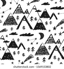 Cute hand drawn mountain seamless pattern landscape. Perfect for cards, invitations, wallpaper, banners, kindergarten, baby shower, children room decoration. Scandinavian landscape.