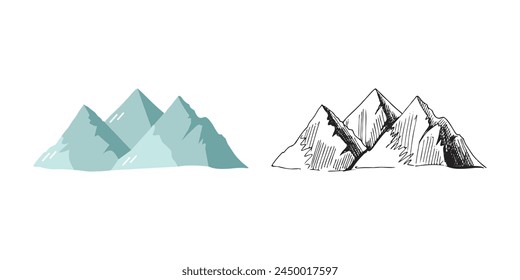 Cute hand drawn mountains. Flat and outline black vector illustration isolated on white background. Doodle drawing.	