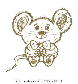 Cute Hand Drawn Mouse with Bow and Berry Isolated on White. Vector Illustration.