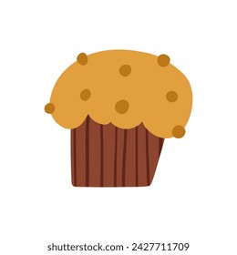 Cute hand drawn muffin in cartoon flat style, vector illustration isolated on white background. Concepts of cafe, sweet food, bakery and pastry. Delicious cupcake.