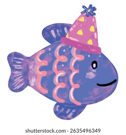 Cute hand drawn neon blue pink yellow vibrant color fish wearing birthday party hat doodle sea ocean beach animals illustration kids summer season celebration clipart crayon watercolour sticker