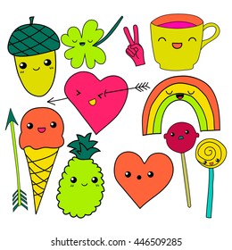 cute hand drawn neon doodle collection vector illustration coffee, arrow, ice cream, heart, rainbow, clover, love, acorn, lollipop candy pineapple isolated on white background for embroidery patches