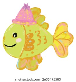 Cute hand drawn neon green pink yellow vibrant color fish wearing birthday party hat doodle sea ocean beach animals illustration kids summer season celebration clipart crayon watercolour sticker
