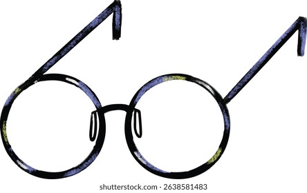 Cute hand drawn nerdy rounded glasses in black blue pastel colors kids doodle watercolor crayon illustration sticker clipart
