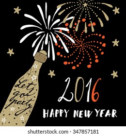 Cute hand drawn New Year 2016 greeting card with champagne bottle and fireworks, vector background