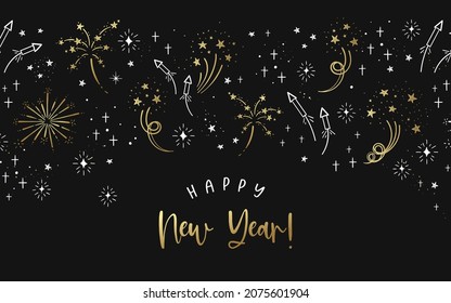 Cute hand drawn New Years design, doodle template in gold and black, elegant, great for invitations, business cards, wallpapers - vector design