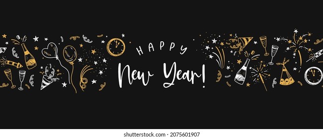 Diseño de Año Nuevo dibujado a mano, plantilla de doodle en oro y negro, elegante, genial para invitaciones, tarjetas de visita, fondos de pantalla - diseño vectorial