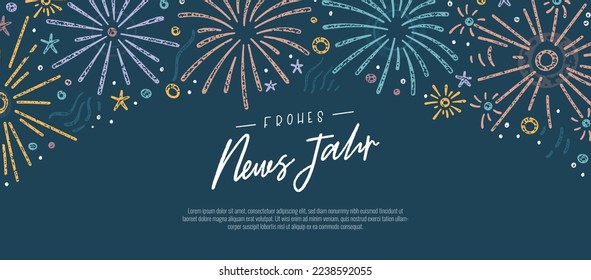 Cute hand drawn New Years banner with fireworks and German type saying "Happy New Year", great for banners, cards, invitations