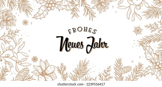 Cute hand drawn New Years banner with fireworks and German type saying "Happy New Year", great for banners, cards, invitations