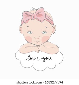 Cute hand drawn Newborn baby. Vector print for Baby Shower invite and baptism invitation. Birth poster for baby
