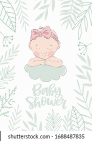 Cute hand drawn Newborn baby. Vector print for Baby Shower invite and baptism invitation. Birth poster for baby