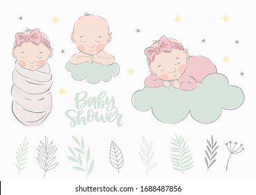 Cute hand drawn Newborn baby. Vector print for Baby Shower invite and baptism invitation. Birth poster for baby
