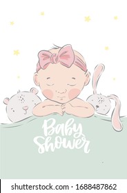 Cute hand drawn Newborn baby. Vector print for Baby Shower invite and baptism invitation. Birth poster for baby