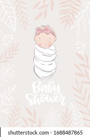 Cute hand drawn Newborn baby. Vector print for Baby Shower invite and baptism invitation. Birth poster for baby