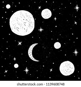 Cute Hand Drawn Night Sky Vector Illustration. Black Grunge Background. White Stars, Planets and Moon. Childish Style. Abstract Starry Night Sky. Lovely Nursery Art. Cute Night Sky Infantile Wall Art 