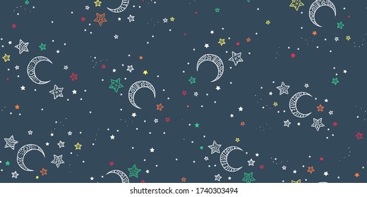 Cielo nocturno dibujado a mano suave patrón sin costura con estrellas y lunas ornamentales, fondo cómico, genial para textiles, banners, papel pintado, envoltura - diseño vectorial