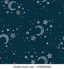 Cute hand drawn night sky seamless pattern with ornate stars and moons, comic background, great for textiles, banners, wallpapers, wrapping - vector design