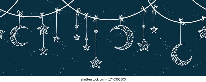 Cute hand drawn night sky horizontal seamless garland, great for banners, cards, designs - vector