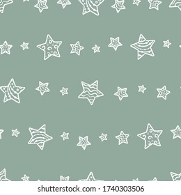 Cielo nocturno dibujado a mano suave patrón sin costura con estrellas y lunas ornamentales, fondo cómico, genial para textiles, banners, papel pintado, envoltura - diseño vectorial
