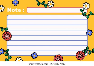 Cute hand drawn note paper template with colorful floral decorations and lined writing space. Great for planners, journals, reminders, school, stationery, and printable designs.