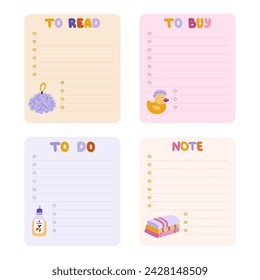 Cute hand drawn notebook template for to do list and notes with spa, hygiene, bath cartoon illustrations. Printable editable diary note elements for weekly planner, bullet journal, school schedule.