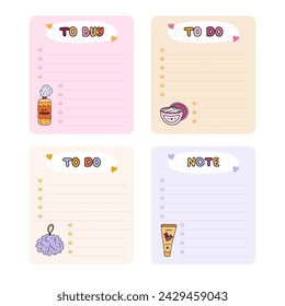 Cute hand drawn notebook template for to do list and notes with spa, hygiene, bath cartoon illustrations. Printable editable diary note elements for weekly planner, bullet journal, school schedule.