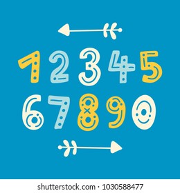 Cute hand drawn numbers with arrows. Colorful mathematical icons set. Education signs in colors of blue, yellow and white