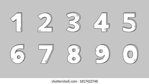 Cute hand drawn numbers doodle of one two three four five six seven eight nine zero