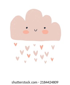 Cute Hand Drawn Nursery Art With Pink Fluffy Cloud And Rain Of Hearts On A White Background. Sweet Baby Shower Vector Illustration With Kawaii Style Smiling Cloud Ideal For Card, Wall Art, Poster. 