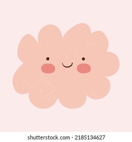Cute Hand Drawn Nursery Art with Light Blush Pink Fluffy Cloud on an Off-White Background. Sweet Baby Shower Vector Illustration with Kawaii Style Smiling Cloud ideal for Card, Wall Art, Poster. 