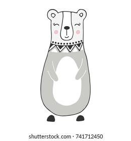 Cute hand drawn nursery bear poster in scandinavian style. Monochrome vector illustration.
