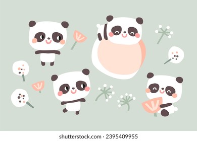 Clíparte infantil dibujada a mano. Ilustración vectorial con divertido oso panda ideal para tarjetas, afiches, arte mural y productos para niños.