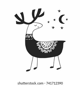 Cute hand drawn nursery deer poster in Scandinavian style. Monochrome vector illustration.