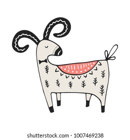 Cute hand drawn nursery poster with ram in scandinavian style. Monochrome vector illustration.