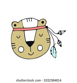 Cute hand drawn nursery poster with tiger character in scandinavian style. Kids vector illustration.