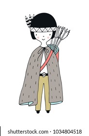 Cute hand drawn nursery poster with hunter boy in scandinavian style. Kids vector illustration.